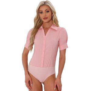 Button Down Leotard Shirt Short Sleeve Collared Work Bodysuit Tops Pink